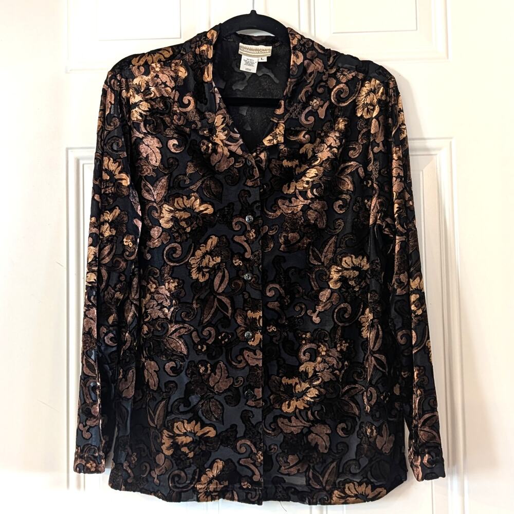 Coldwater Creek Burnout Velvet Blouse L Brown Black Floral Sheer Button Down